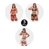 Kit 3 Conjunto Imi Lingerie Cropped Sem Bojo Tule Renda Cinta Liga Perneira Fio Dental Biju Perla