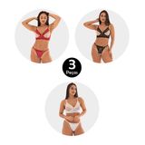 Kit 3 Conjunto Imi Lingerie Sem Bojo Fio Dental Aberto Tule Renda Alanis