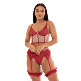 Conjunto Imi Lingerie Cropped Sem Bojo Tule Renda Cinta Liga Perneira Fio Dental Biju Perla