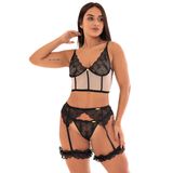 Conjunto Imi Lingerie Cropped Sem Bojo Tule Renda Cinta Liga Perneira Fio Dental Biju Perla