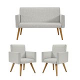 Kit Namoradeira + 2 Poltronas Decorativas Linho Cinza Claro