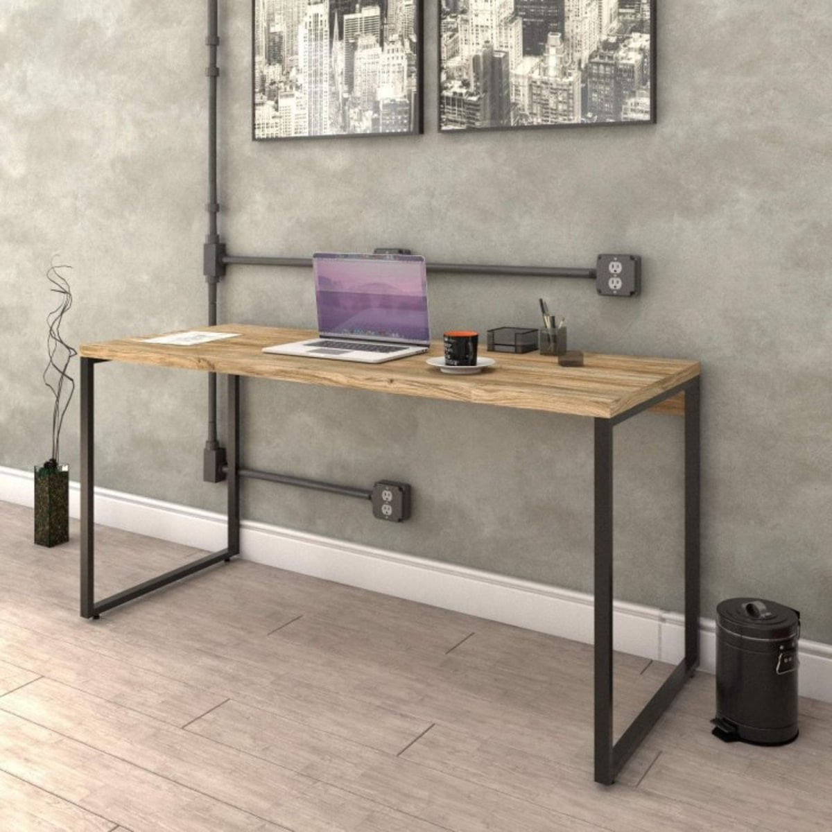 Mesa para Escritório Diretor Estilo Industrial 1,50m Kuadra Compace Carvalho Menor preço em Mesa para Escritório Diretor Estilo Industrial 1,50m Kuadra Compace Carvalho