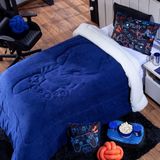 Coberdrom Azul Queen 3pçs Dupla Face Sherpa E Mantinha