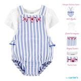 Jardineira Romper Bebê Menina Com Camiseta Carter&#39;s Azul Listrado Coleção Nova Carters