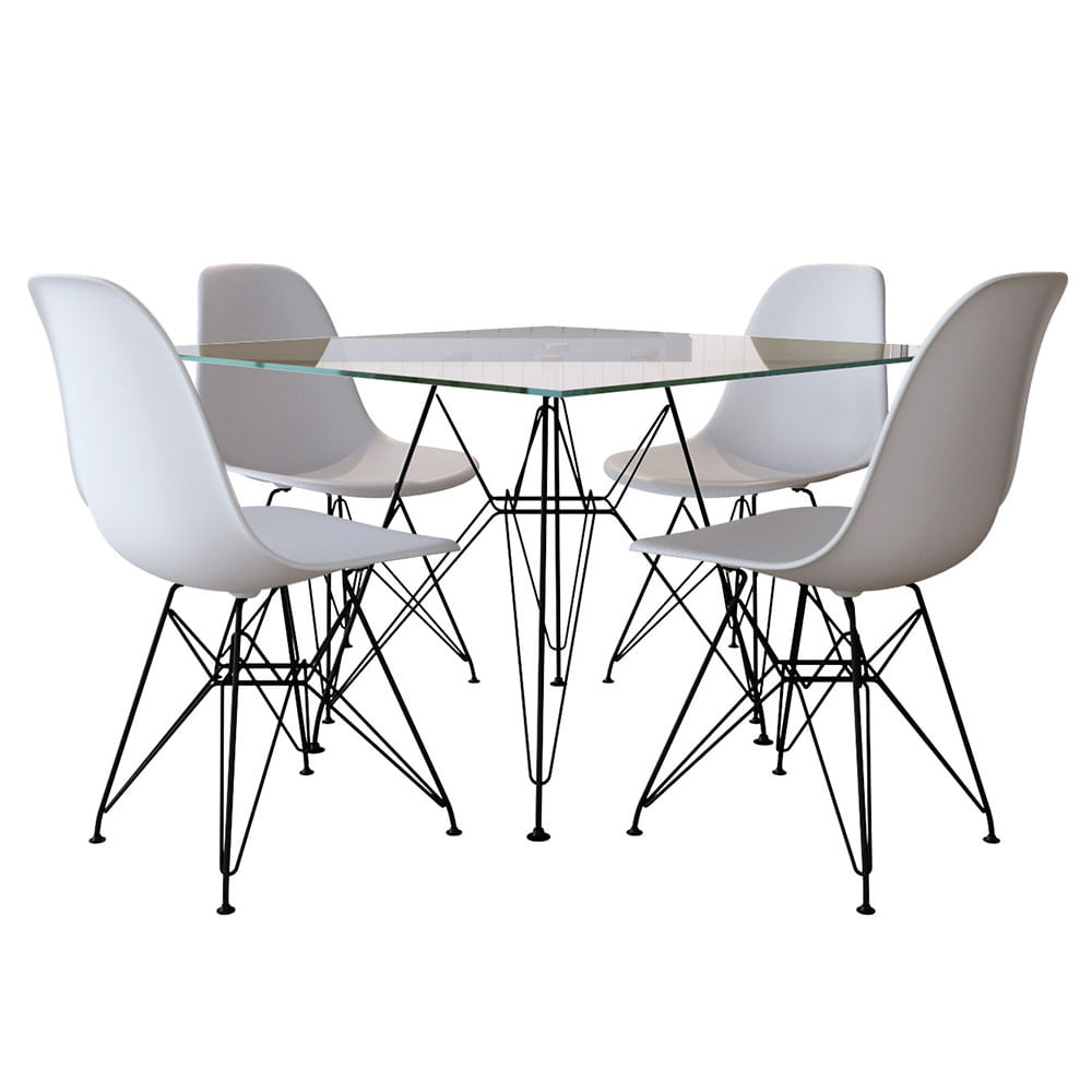 Mesa De Jantar Eames Eiffel Quadrada Vidro 90cm Com 4 Cadeiras Brancas Base Ferro Preto