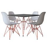 Mesa De Jantar Eames Eiffel Quadrada Preta 90cm Com 4 Cadeiras Brancas Base Ferro Cobre