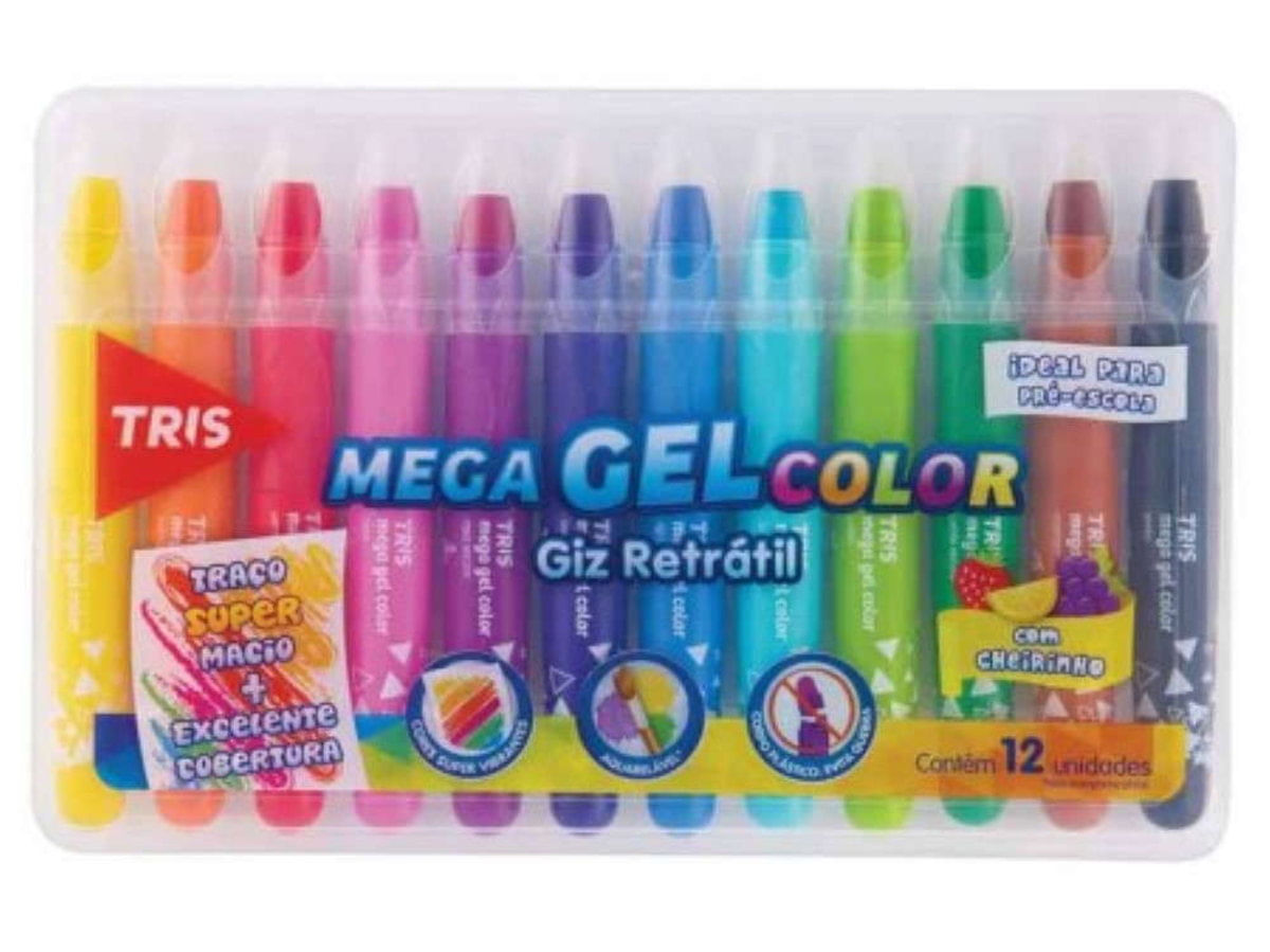 Giz de Cera Retrátil 12 Cores Mega Gel Tris Menor preço em Giz de Cera Retrátil 12 Cores Mega Gel Tris