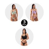 Kit 3 Conjunto Imi Lingerie Sutiã Sem Bojo Com Aro Cropped Calcinha Tanga Fio Duplo Renda Dany