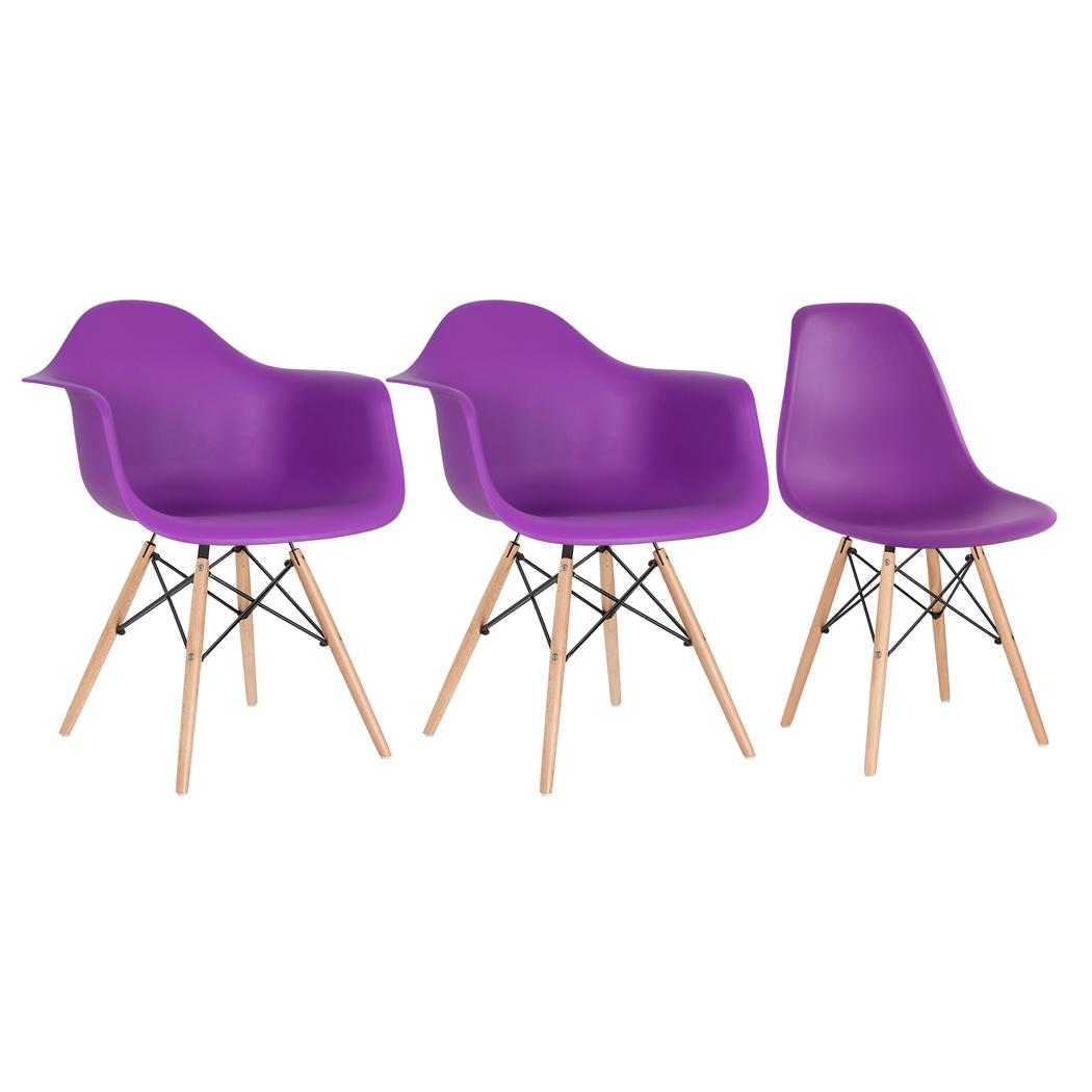 Conjunto 2 X Cadeiras Eames Daw Com Braços + 1 Cadeira Eiffel Dsw - Roxo