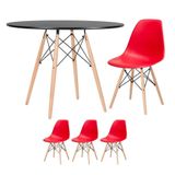 Mesa Redonda Eames 100cm Preto + 3 Cadeiras Vermelho