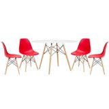 Mesa Redonda Eames 120cm Branco + 4 Cadeiras Vermelho