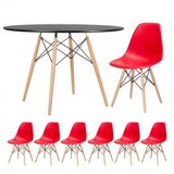 Mesa Redonda Eames 120cm Preto + 6 Cadeiras Vermelho