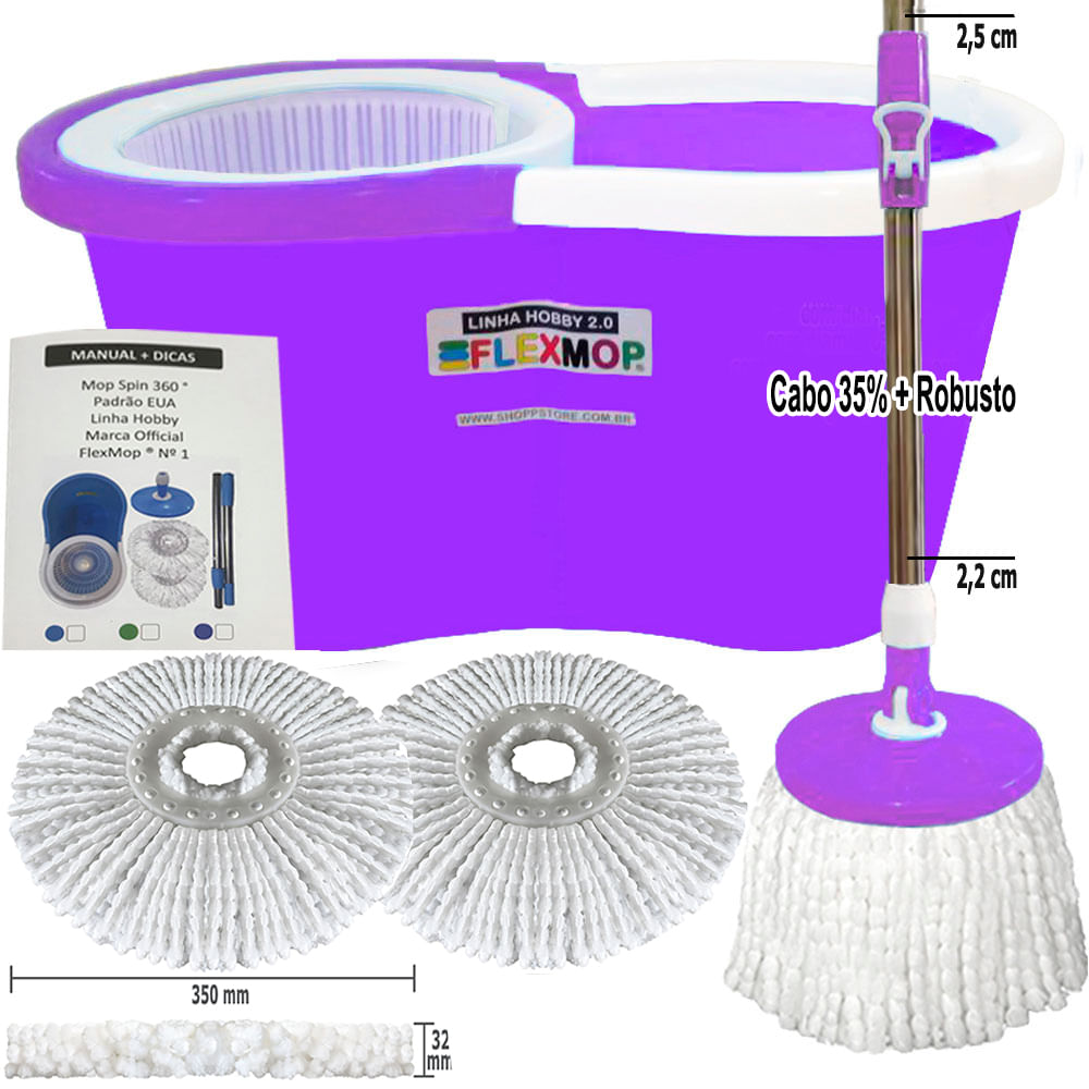 Mop 360 c/Cabo 35% + Robusto de 25mm + Dupla Bucha na Cesta + Refil p/01Ano(01+03) Marca Flexmop®Nº1