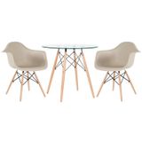 Kit - Mesa Redonda De Vidro Eames 80 Cm + 2 Cadeiras Eiffel Daw Nude