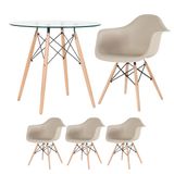 Kit - Mesa Redonda De Vidro Eames 80 Cm + 3 Cadeiras Eiffel Daw Nude