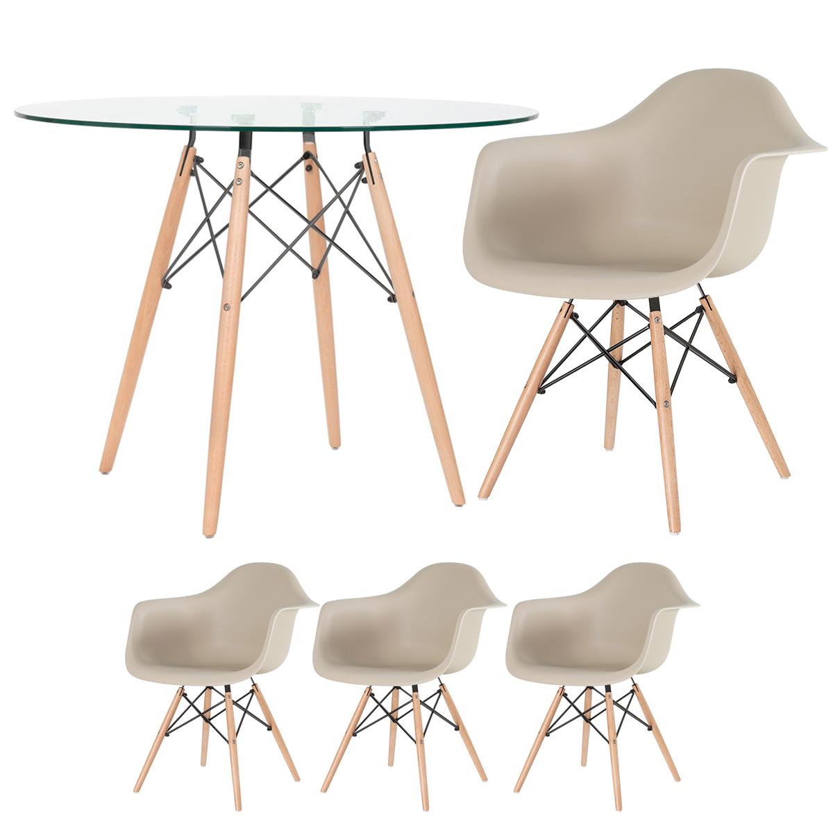 Mesa Redonda Eames Com Tampo De Vidro 100 Cm + 3 Cadeiras Eiffel Daw Nude