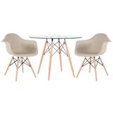 Mesa Redonda Eames Com Tampo De Vidro 100 Cm + 2 Cadeiras Eiffel Daw Nude