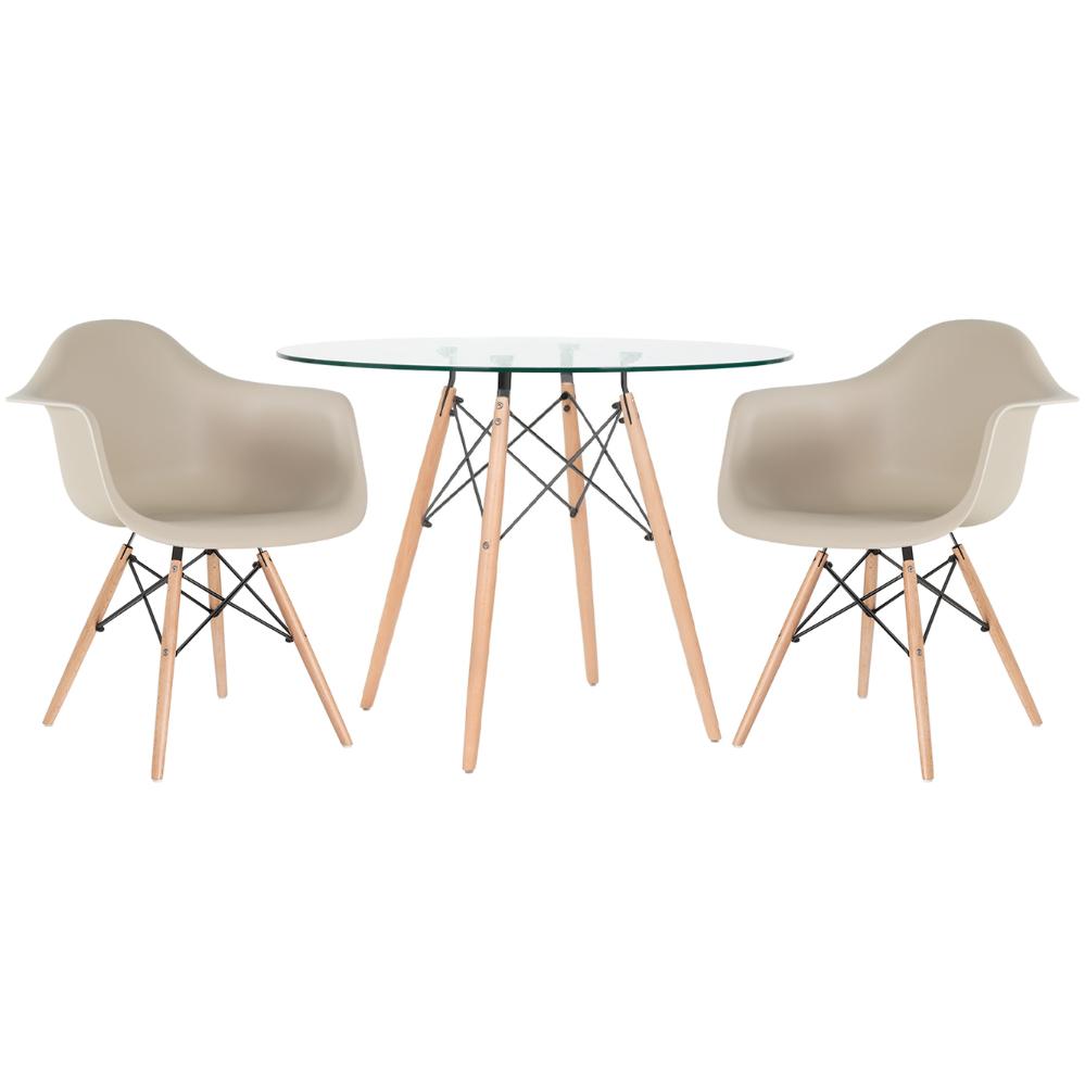 Mesa Redonda Eames Com Tampo De Vidro 100 Cm + 2 Cadeiras Eiffel Daw Nude