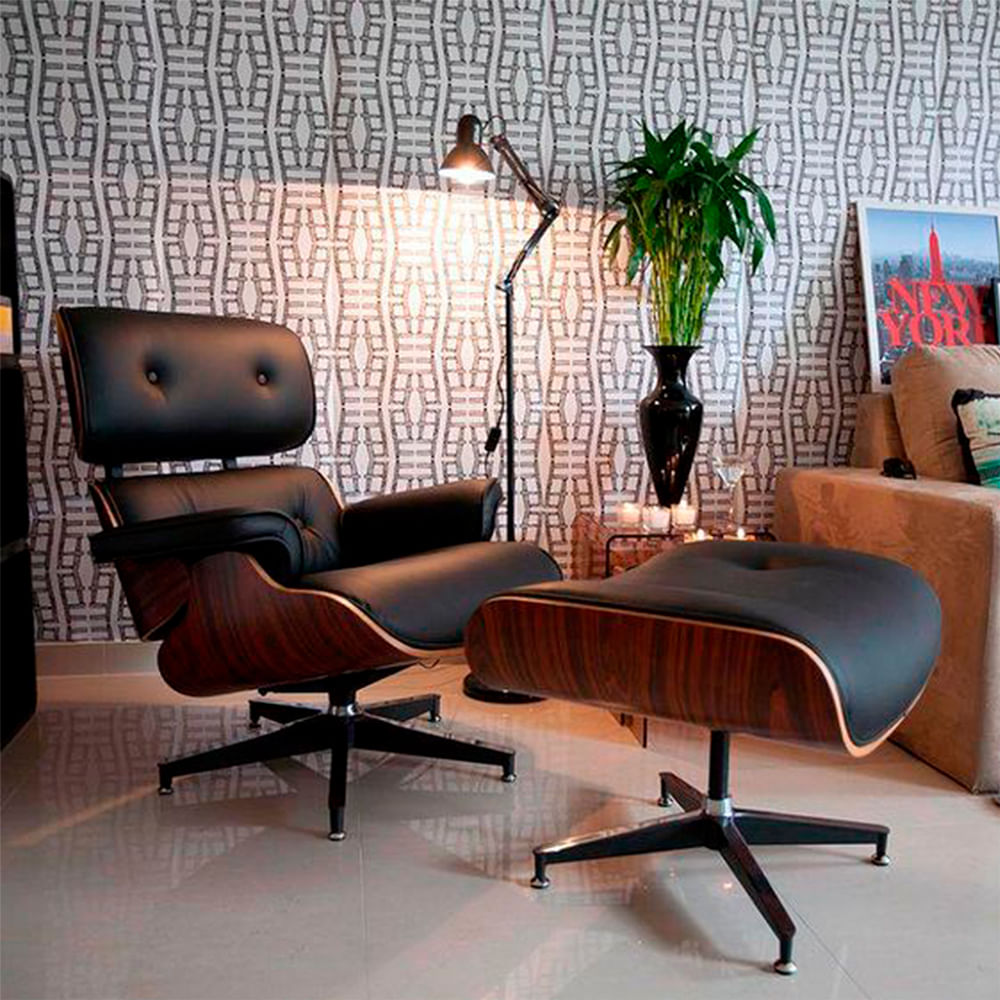 Poltrona Charles Eames Com Puff Couro Sintético Preto