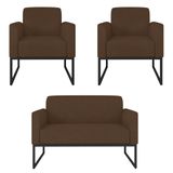 Kit Namoradeira E 2 Poltronas Decorativas Base Industrial Preta Maressa S06 Suede Marrom - Ibiza