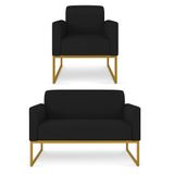 Kit Namoradeira E 1 Poltrona Decorativa Base Industrial Dourada Maressa A79 Linho Preto - Ibiza