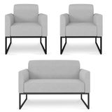 Kit Namoradeira E 2 Poltronas Decorativas Base Industrial Preta Maressa A05 Linho Cinza Claro - Ibiza