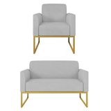 Kit Namoradeira E 1 Poltrona Decorativa Base Industrial Dourada Maressa S10 Suede Cinza - Ibiza