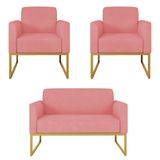 Kit Namoradeira E 2 Poltronas Decorativas Base Industrial Dourada Maressa S17 Suede Rosê - Ibiza