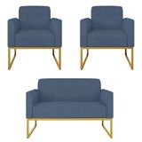 Kit Namoradeira E 2 Poltronas Decorativas Base Industrial Dourada Maressa S04 Suede Azul Marinho - Ibiza