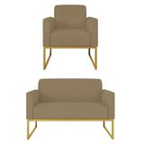 Kit Namoradeira E 1 Poltrona Decorativa Base Industrial Dourada Maressa S12 Suede Marrom Rato - Ibiza