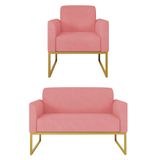Kit Namoradeira E 1 Poltrona Decorativa Base Industrial Dourada Maressa S17 Suede Rosê - Ibiza