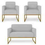 Kit Namoradeira E 2 Poltronas Decorativas Base Industrial Dourada Maressa A05 Linho Cinza Claro - Ibiza