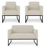 Kit Namoradeira E 2 Poltronas Decorativas Base Industrial Preta Maressa A19 Linho Grosso Bege - Ibiza