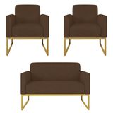 Kit Namoradeira E 2 Poltronas Decorativas Base Industrial Dourada Maressa S06 Suede Marrom - Ibiza