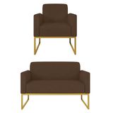 Kit Namoradeira E 1 Poltrona Decorativa Base Industrial Dourada Maressa S06 Suede Marrom - Ibiza