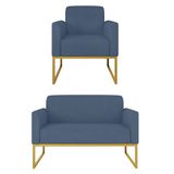 Kit Namoradeira E 1 Poltrona Decorativa Base Industrial Dourada Maressa S04 Suede Azul Marinho - Ibiza