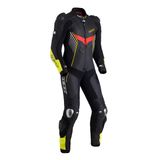 Macacão 1 Peça Moto Couro Pista Motociclista Proteção Texx - 4xl - Preto, Amarelo E Vermelho