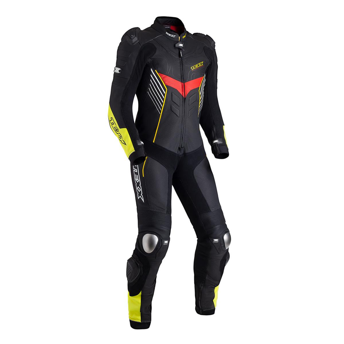 Macacão 1 Peça Moto Couro Pista Motociclista Proteção Texx - 4xl - Preto, Amarelo E Vermelho