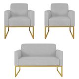 Kit Namoradeira E 2 Poltronas Decorativas Base Industrial Dourada Maressa S10 Suede Cinza - Ibiza
