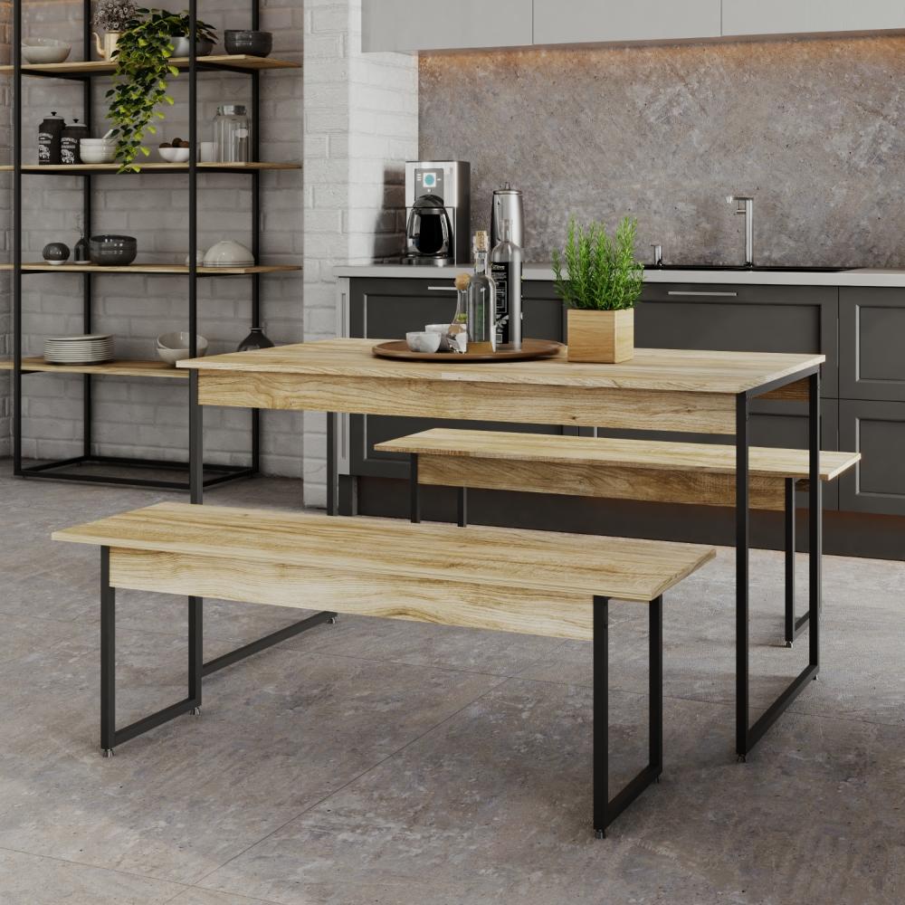 Mesa De Jantar Com 2 Bancos Estilo Industrial Tub