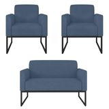 Kit Namoradeira E 2 Poltronas Decorativas Base Industrial Preta Maressa S04 Suede Azul Marinho - Ibiza