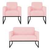 Kit Namoradeira E 2 Poltronas Decorativas Base Industrial Preta Maressa S19 Suede Rosa Bebê - Ibiza