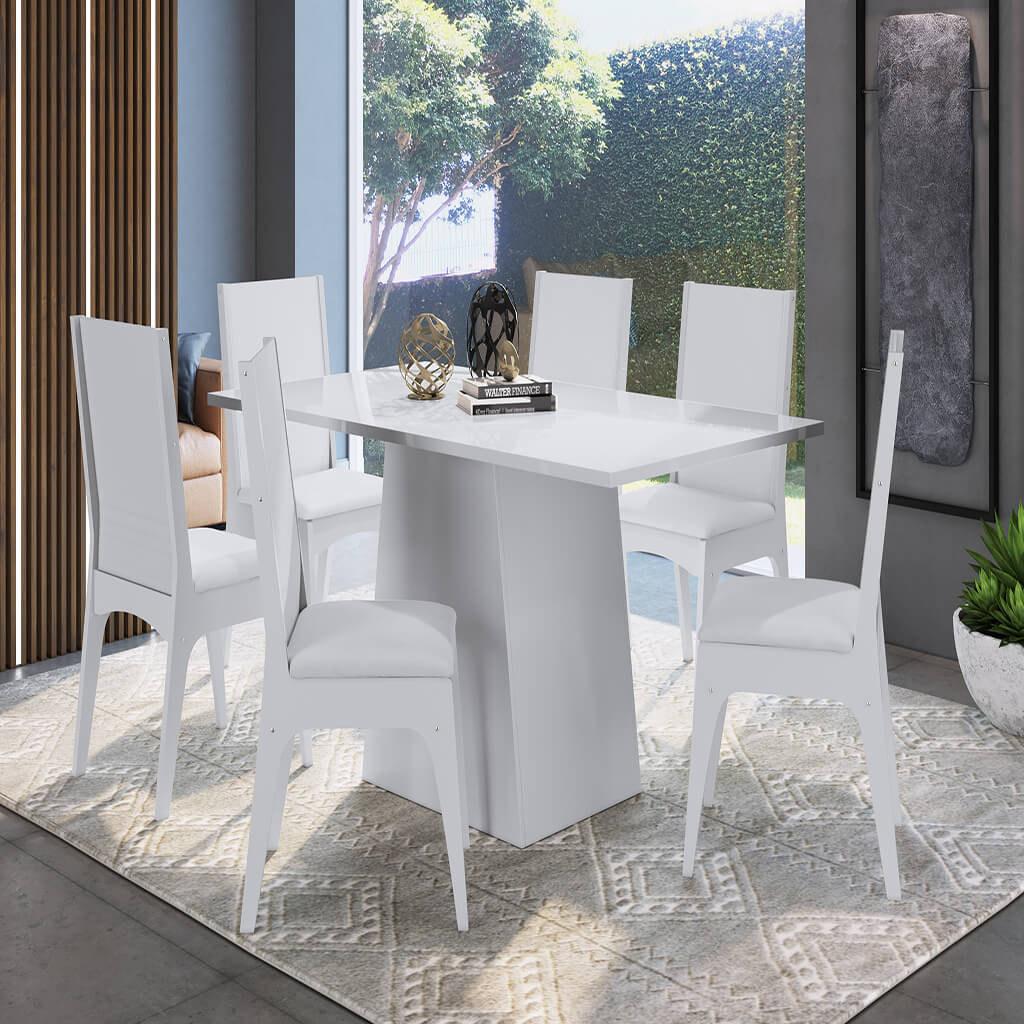 Conjunto Mesa Com Base e 6 Cadeiras MDF Branco Lilies Móveis