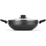 Frigideira Wok Com Alças Multiflon Alumínio Antiaderente E Tampa De Vidro 28 Cm