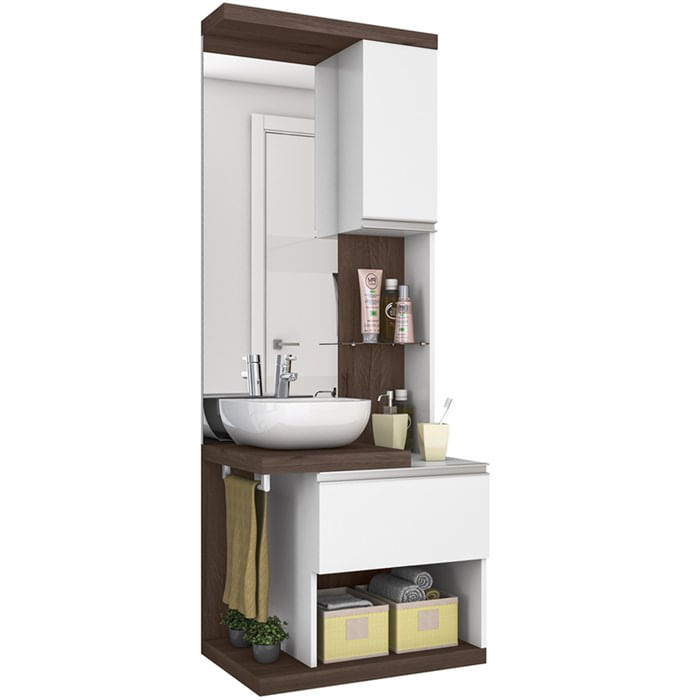 Conjunto Armario Gabinete Banheiro Mdf 2 Portas 12041 Nogal Branco Celmo