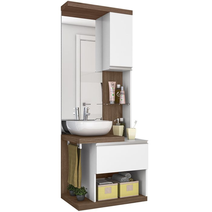 Conjunto Armario Gabinete Banheiro Mdf 2 Portas 12041 Amendoa Branco Celmo