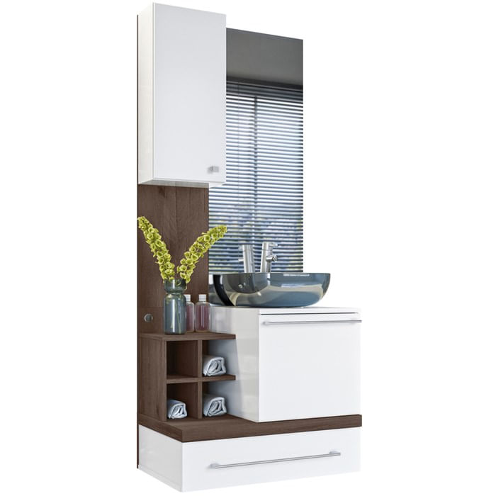 Conjunto Armario Gabinete Banheiro Mdf 2 Portas 12013 Nogal Branco Celmo