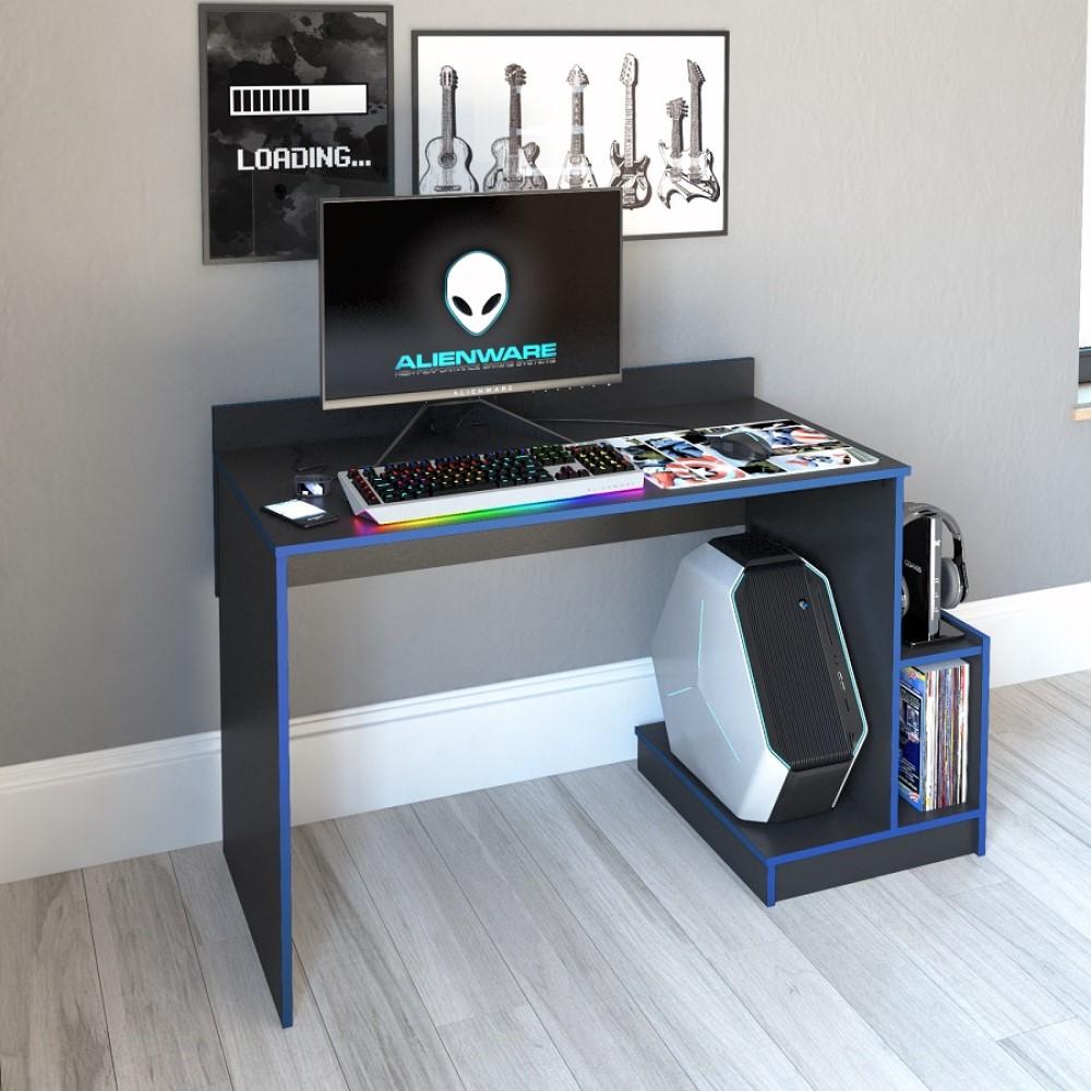 Mesa Escrivaninha Gamer Para Computador Pc Home Office Tampo Quarto Escritório Multiuso Preto Azul