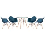 Kit - Mesa Redonda De Vidro Eames 80 Cm + 4 Cadeiras Eiffel Daw Azul Petróleo
