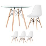 Mesa Redonda Eames Com Tampo De Vidro 100 Cm + 3 Cadeiras Eiffel Dsw Branco